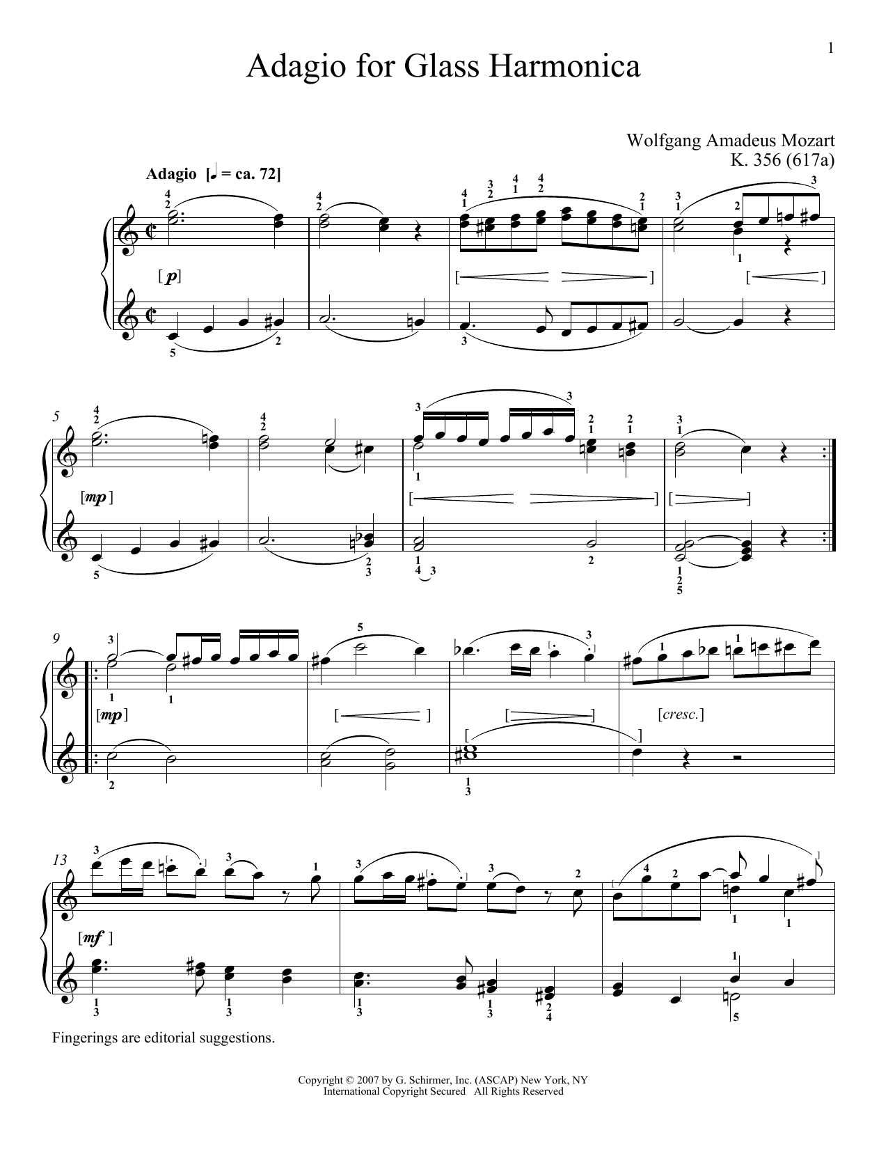 Wolfgang Amadeus Mozart Adagio For Glass Harmonica, K. 356 (617a) sheet music notes and chords arranged for Piano Solo