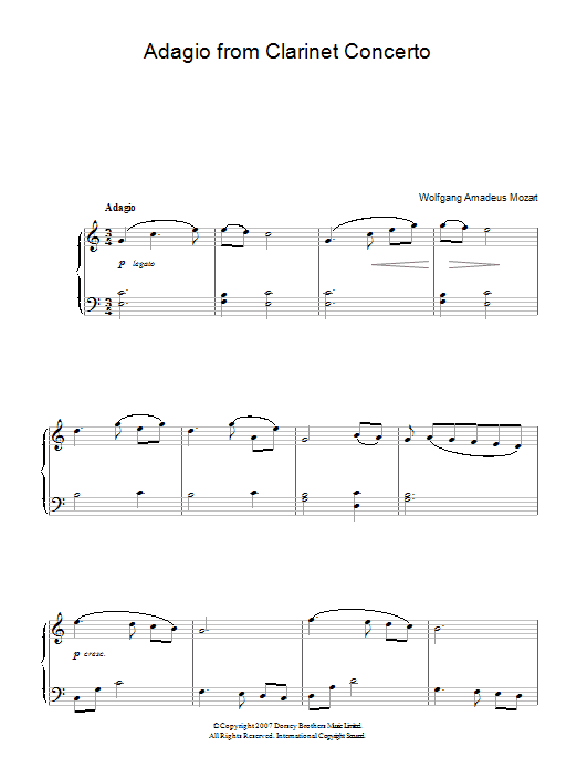 Wolfgang Amadeus Mozart Adagio (from Clarinet Concerto) sheet music notes and chords arranged for Easy Piano