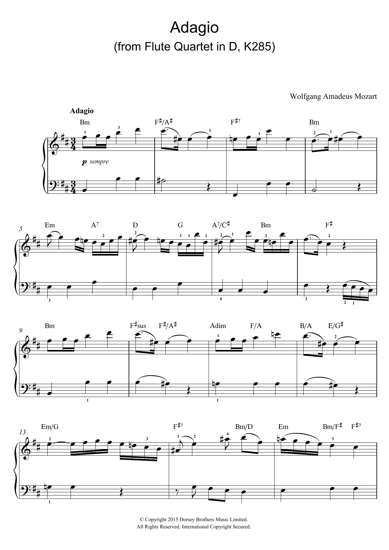 Wolfgang Amadeus Mozart Adagio (from Flute Quartet In D, K285) sheet music notes and chords arranged for Piano, Vocal & Guitar Chords