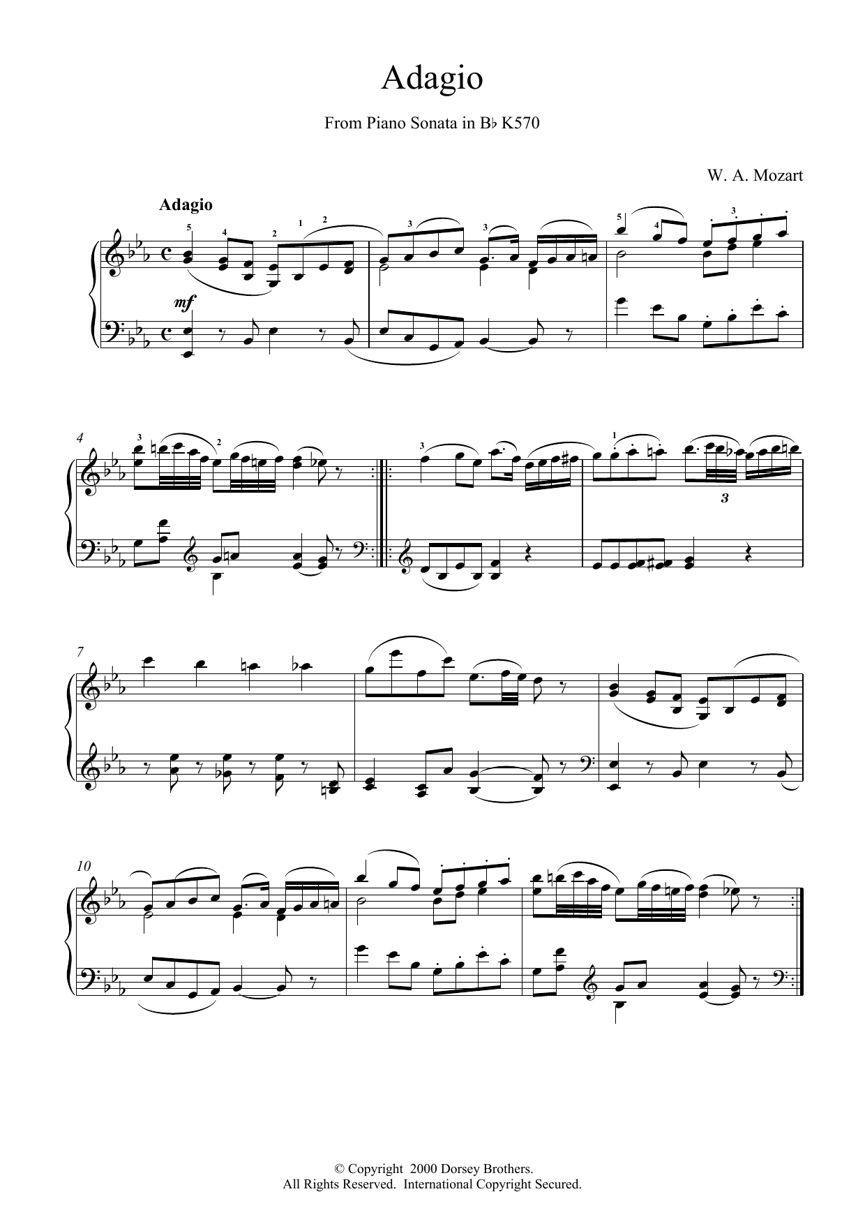 Wolfgang Amadeus Mozart Adagio from Piano Sonata in Bb, K570 sheet music notes and chords arranged for Piano Solo