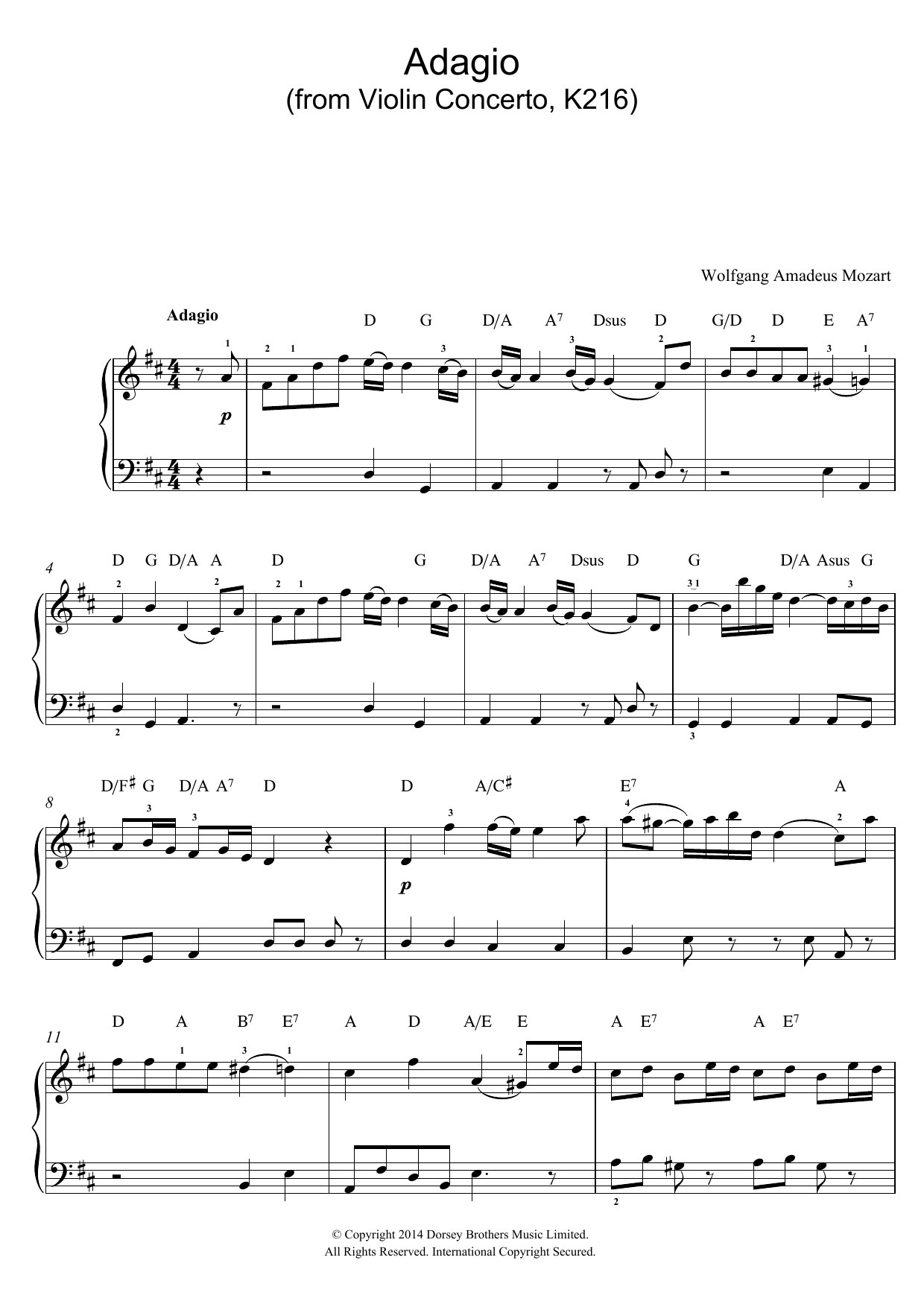 Wolfgang Amadeus Mozart Adagio from Violin Concerto In G, K216 sheet music notes and chords arranged for Easy Piano