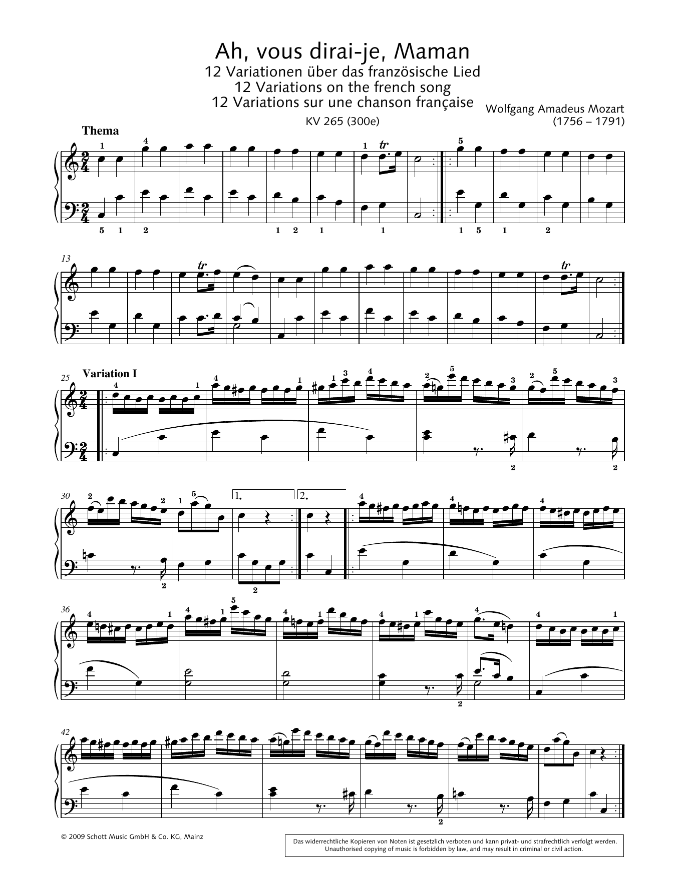 Wolfgang Amadeus Mozart Ah, vous dirai-je, Maman in C major sheet music notes and chords arranged for Piano Solo