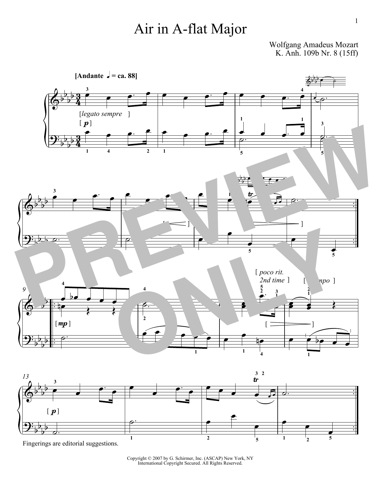 Wolfgang Amadeus Mozart Air In A-Flat Major, K109b, No. 8 sheet music notes and chords arranged for Piano Solo