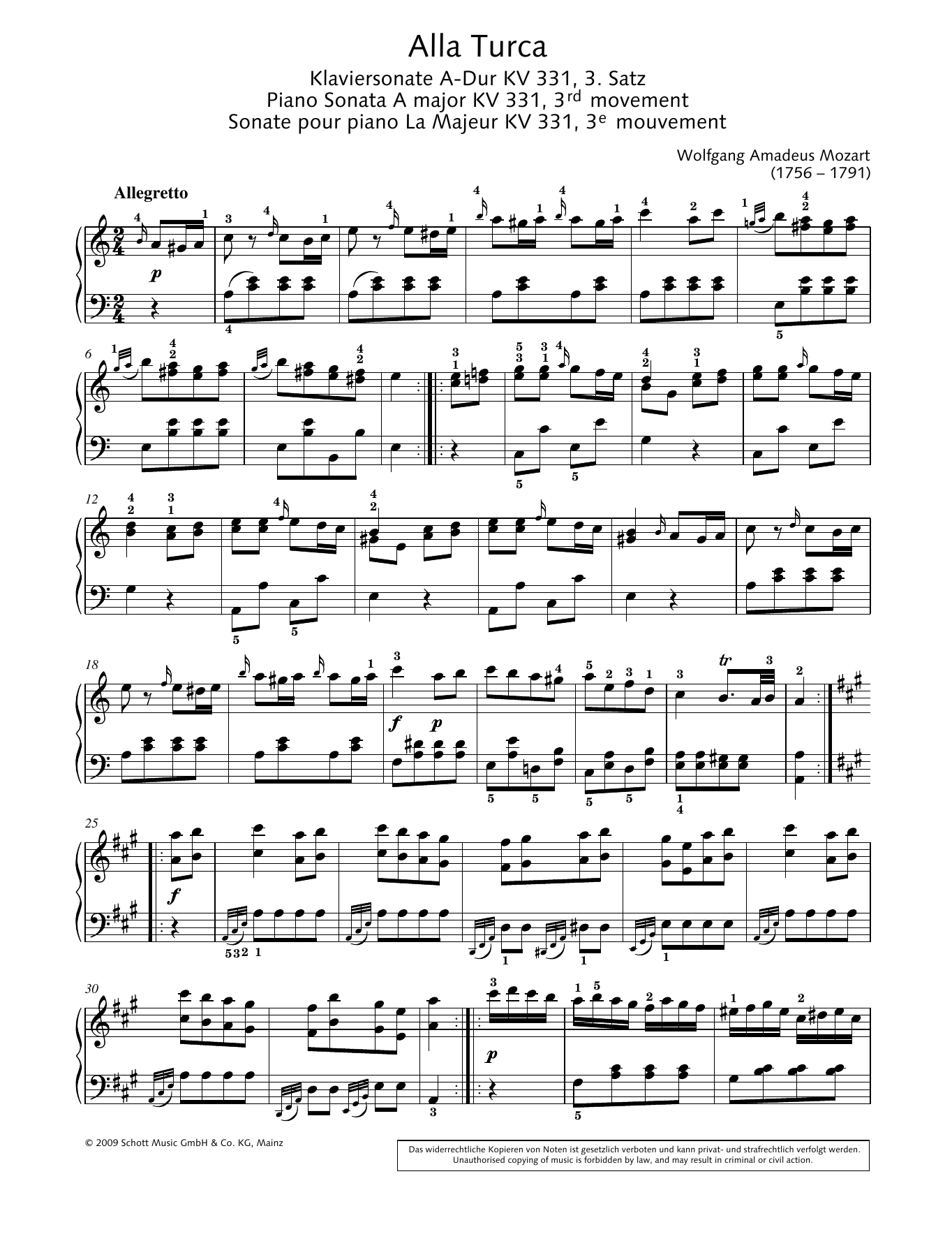 Wolfgang Amadeus Mozart Alla Turca sheet music notes and chords arranged for Piano Solo