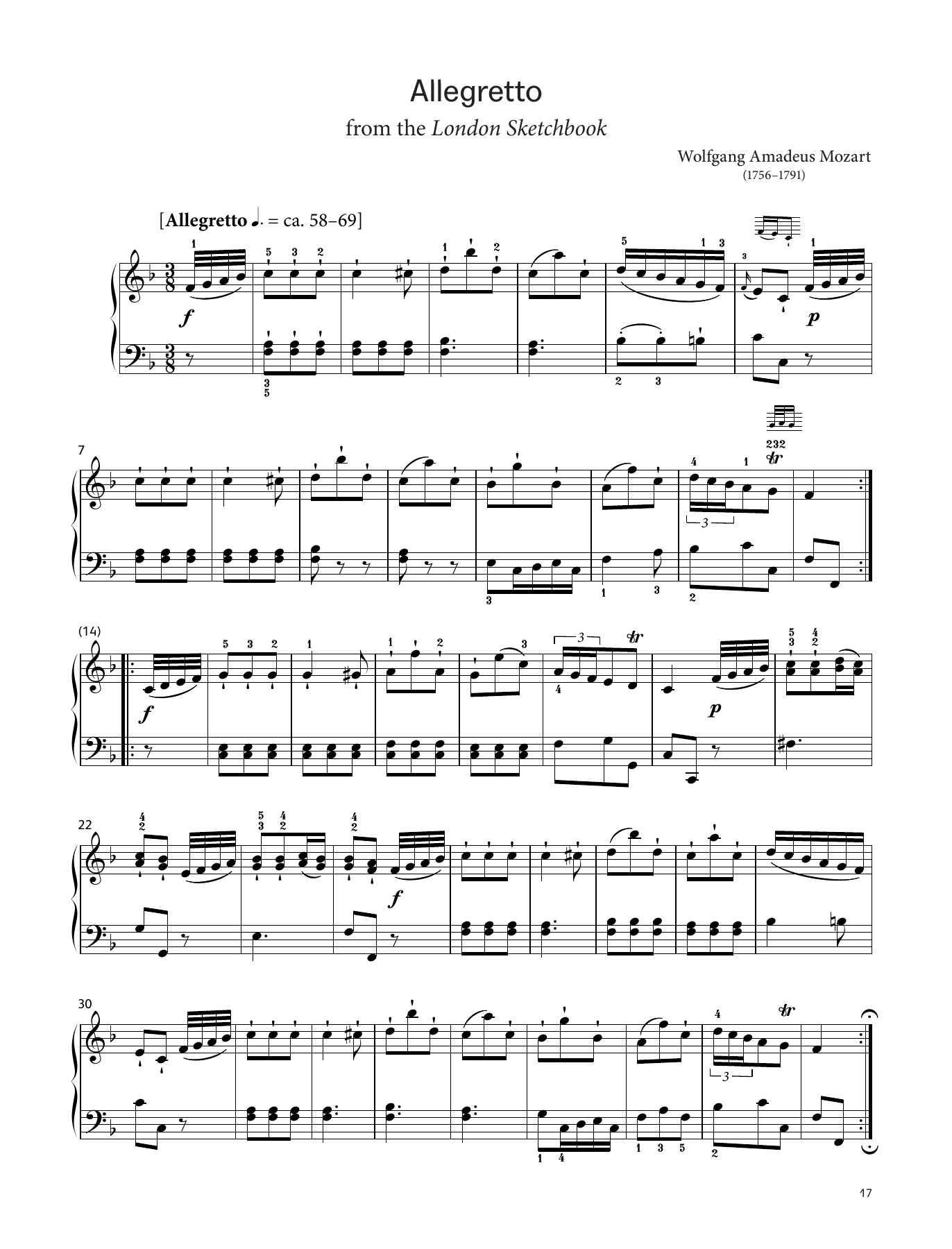 Wolfgang Amadeus Mozart Allegretto, K. 15a  (LCME Piano 2018 Grade 3 List A) sheet music notes and chords arranged for Piano Solo