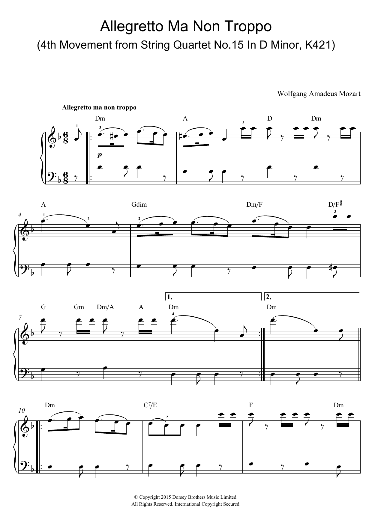 Wolfgang Amadeus Mozart Allegretto Ma Non Troppo (4th Movement from String Quartet No.15 In D Minor, K421) sheet music notes and chords arranged for Piano, Vocal & Guitar Chords