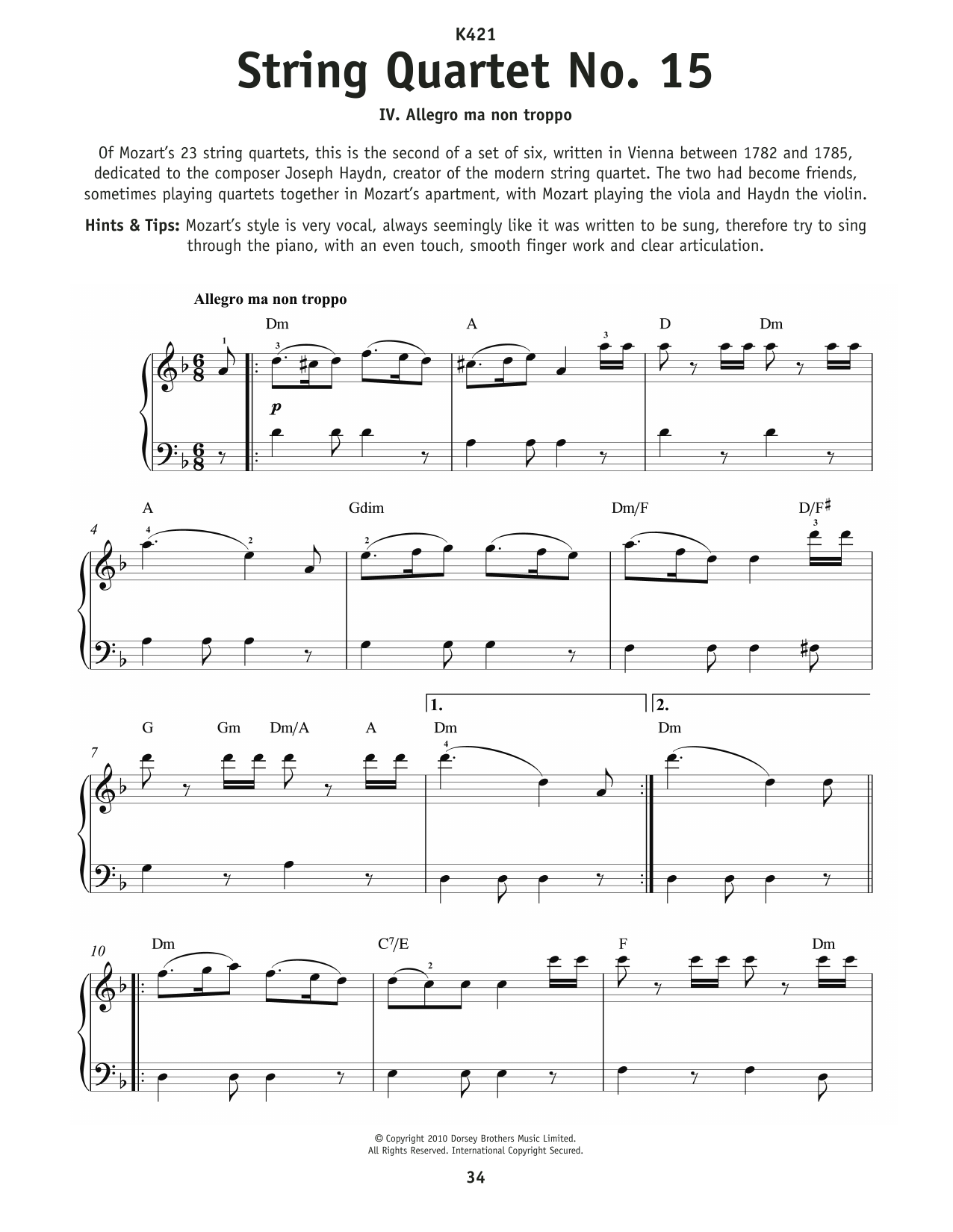 Wolfgang Amadeus Mozart Allegretto Na Non Troppo (4th movement from String Quartet No15 In D Minor, K421) sheet music notes and chords arranged for Really Easy Piano