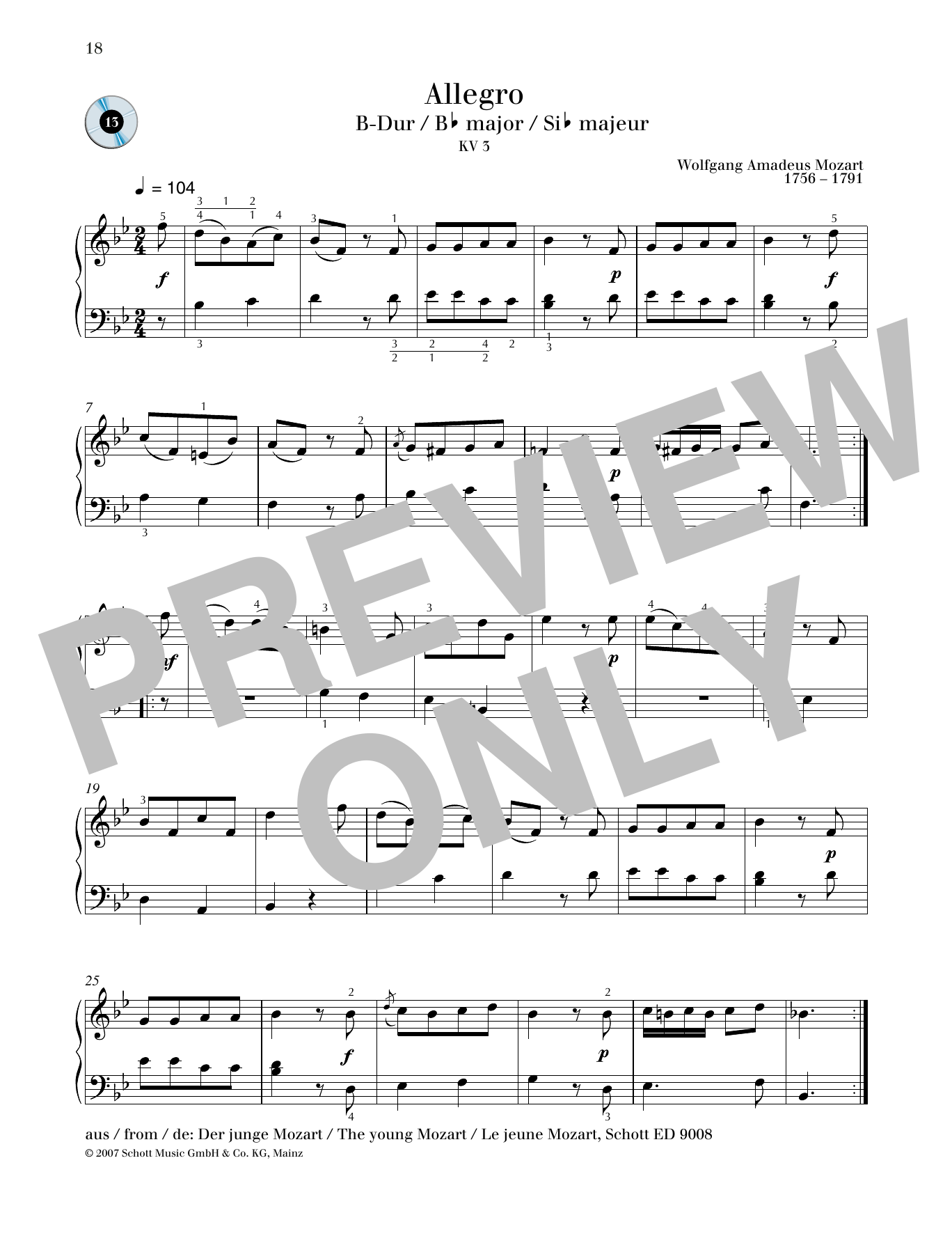 Wolfgang Amadeus Mozart Allegro B-flat major sheet music notes and chords arranged for Piano Solo
