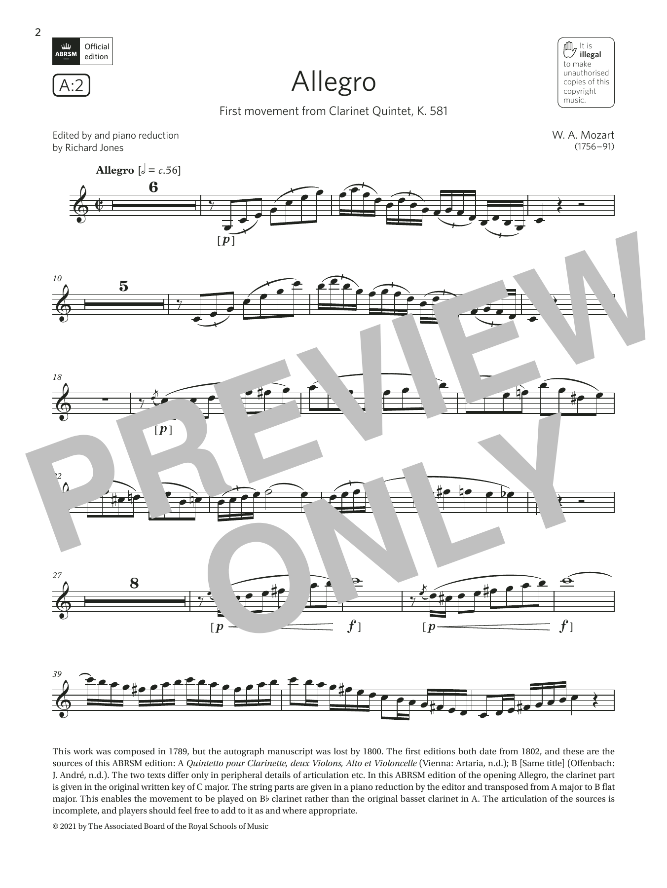 Wolfgang Amadeus Mozart Allegro (from Clarinet Quintet, K.581) (Grade 7 List A2 from the ABRSM Clarinet syllabus from 2022) sheet music notes and chords arranged for Clarinet Solo