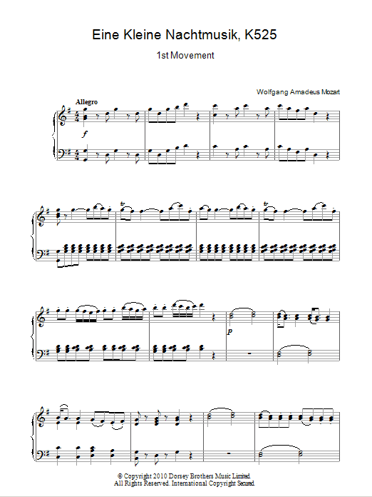 Wolfgang Amadeus Mozart Allegro from Eine Kleine Nachtmusik K525 sheet music notes and chords arranged for Piano Chords/Lyrics