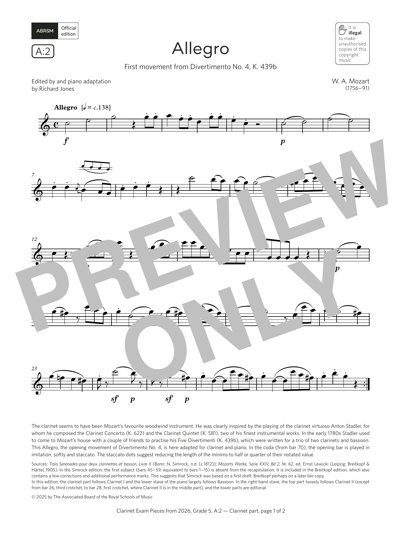 Wolfgang Amadeus Mozart Allegro (Grade 5, list A2, from the ABRSM Clarinet Syllabus from 2026) sheet music notes and chords arranged for Clarinet Solo