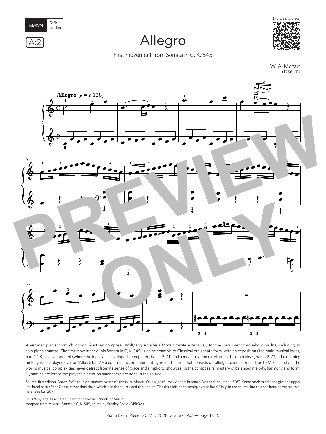 Wolfgang Amadeus Mozart Allegro (Grade 6, list A2, from the ABRSM Piano Syllabus 2027 & 2028) sheet music notes and chords arranged for Piano Solo