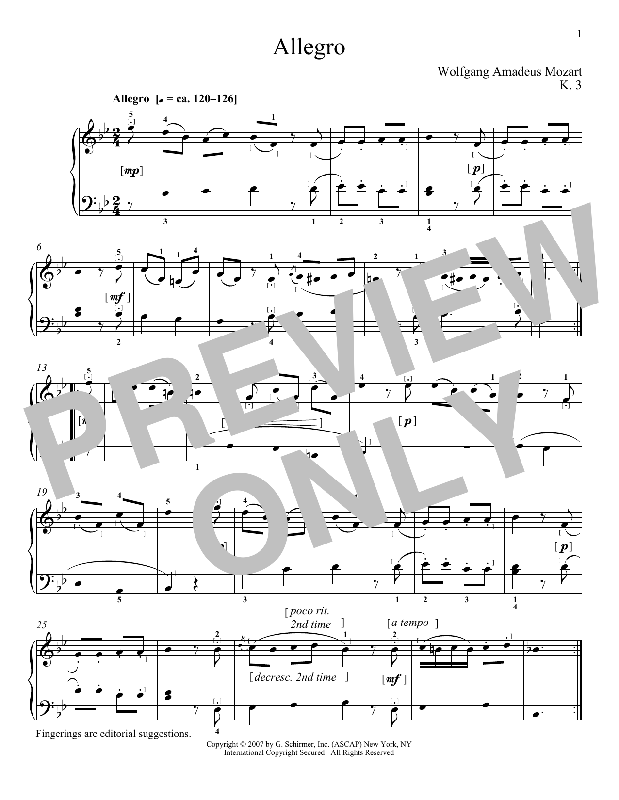 Wolfgang Amadeus Mozart Allegro In B Flat Major, K. 3 sheet music notes and chords arranged for Piano Solo