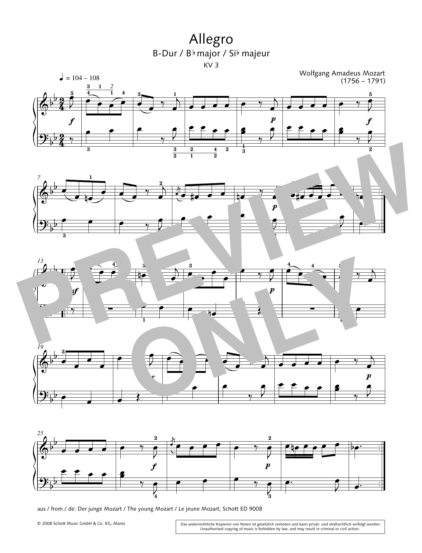 Wolfgang Amadeus Mozart Allegro in B-flat major sheet music notes and chords arranged for Piano Solo