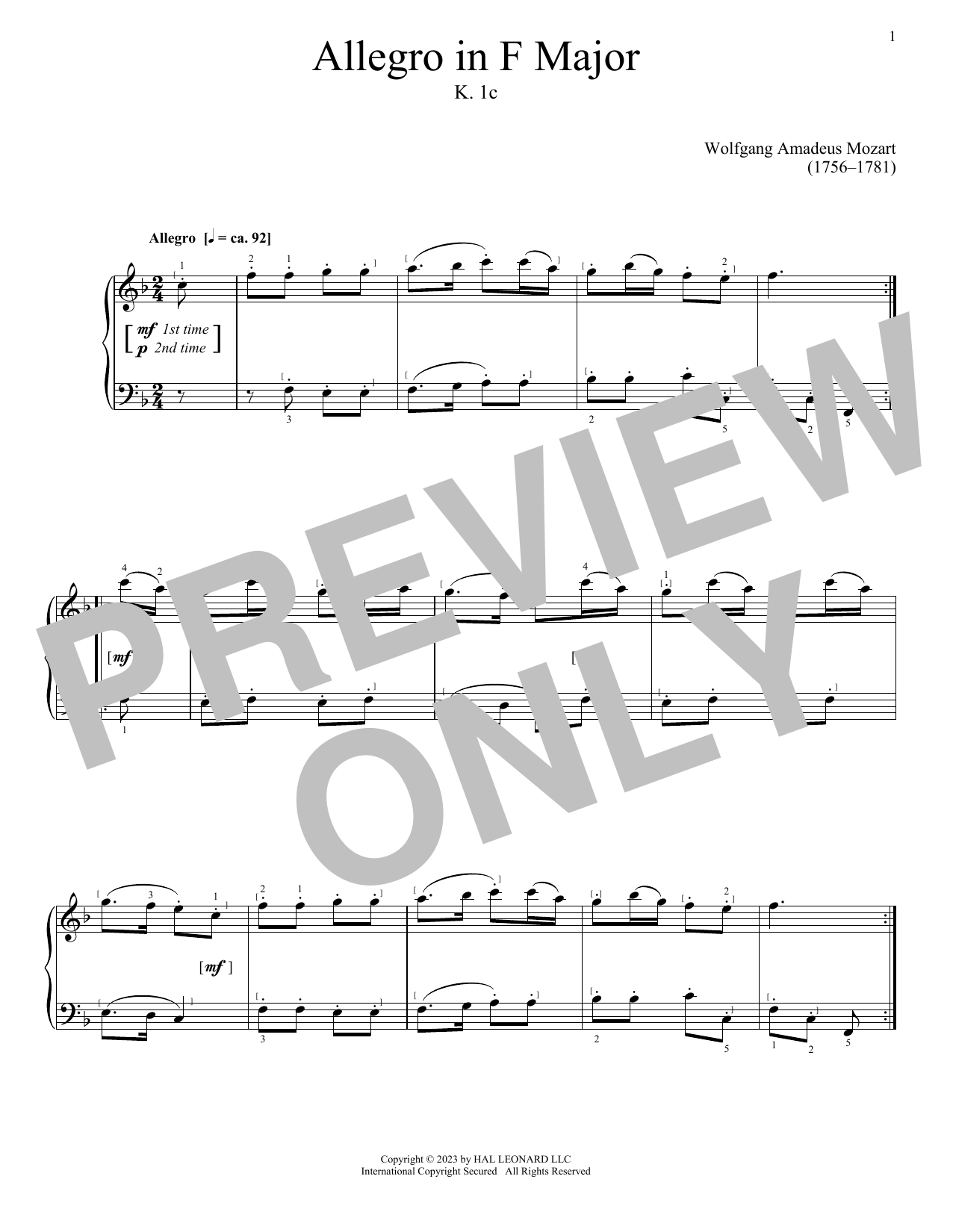 Wolfgang Amadeus Mozart Allegro in F Major, K. 1c sheet music notes and chords arranged for Piano Solo
