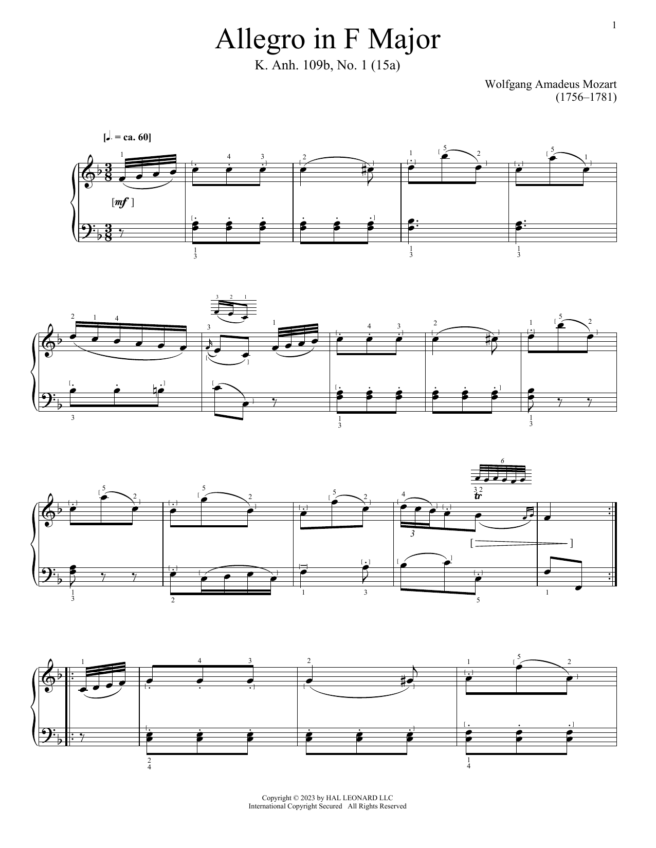 Wolfgang Amadeus Mozart Allegro in F Major, K. Anh. 109, No. 1 (15a) sheet music notes and chords arranged for Piano Solo