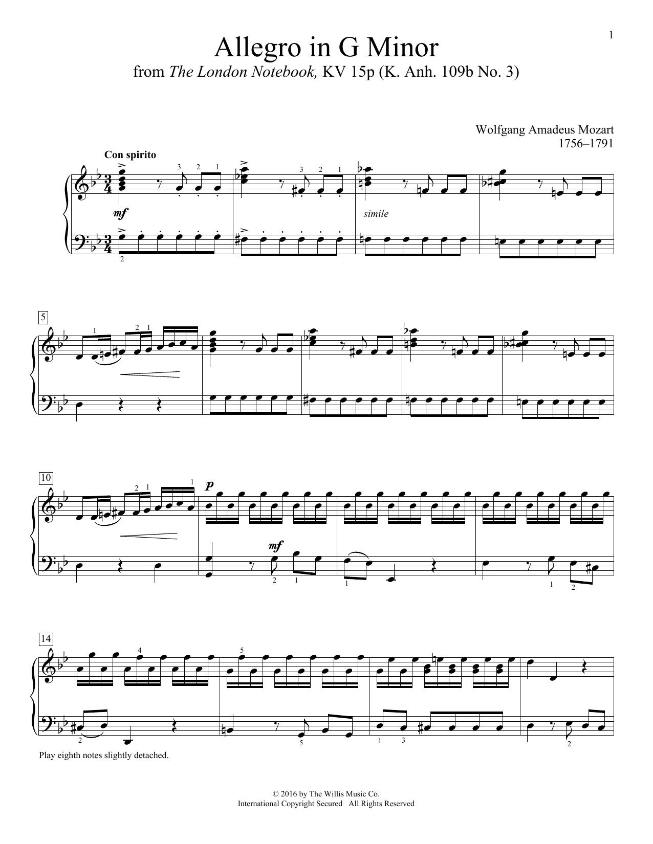 Wolfgang Amadeus Mozart Allegro In G Minor sheet music notes and chords arranged for Educational Piano