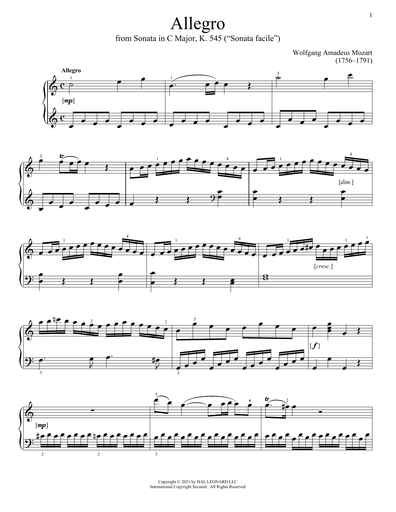 Wolfgang Amadeus Mozart Allegro, K. 545 sheet music notes and chords arranged for Piano Solo