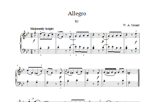 Wolfgang Amadeus Mozart Allegro K3 sheet music notes and chords arranged for Piano Solo