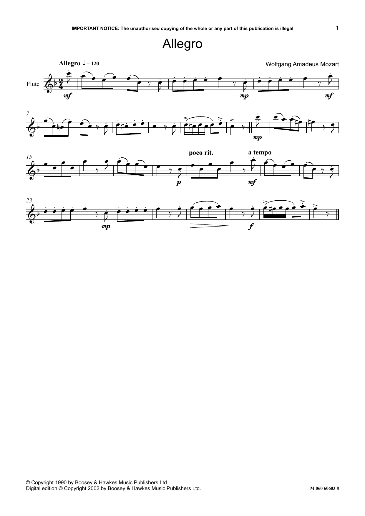 Wolfgang Amadeus Mozart Allegro sheet music notes and chords arranged for Instrumental Solo