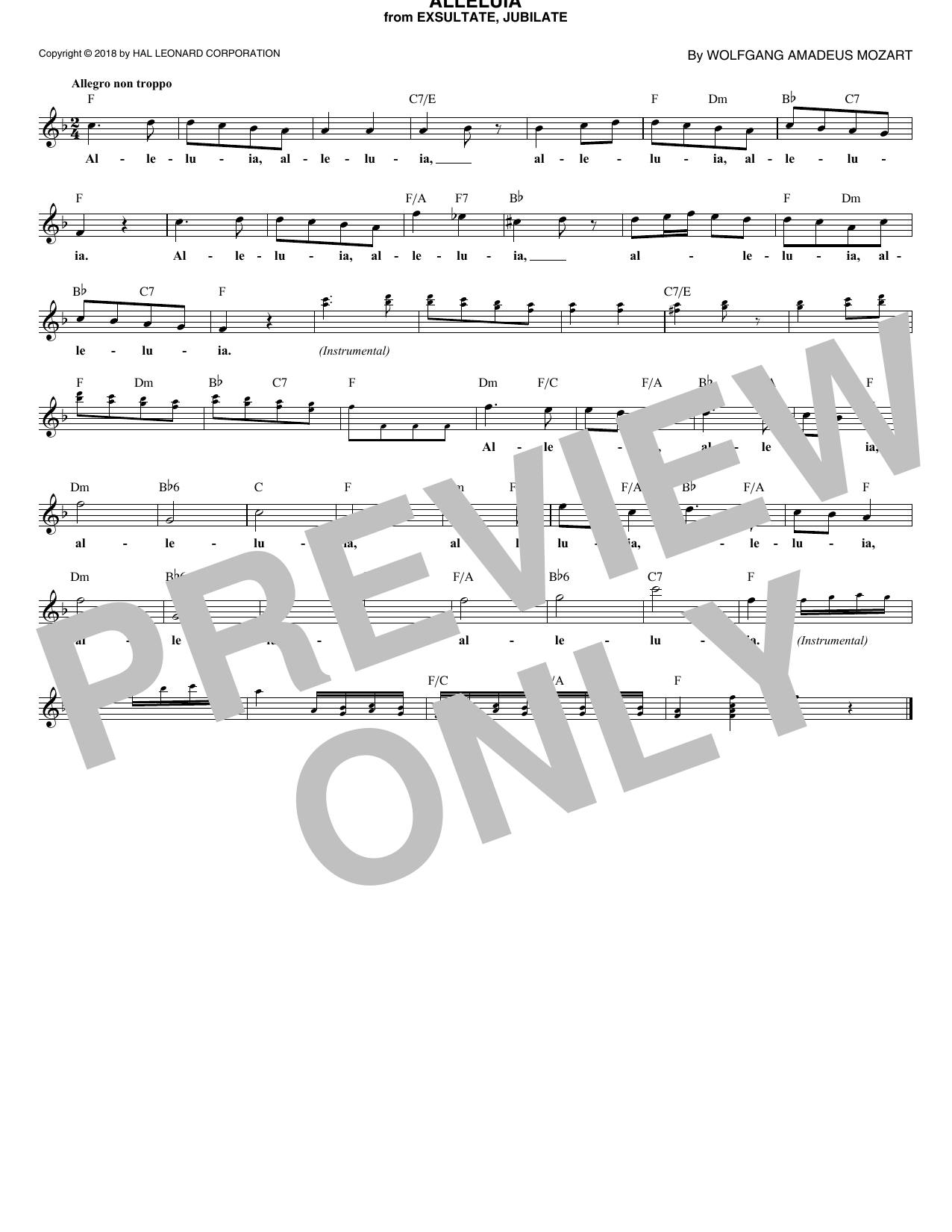 Wolfgang Amadeus Mozart Alleluia, K. 165 sheet music notes and chords arranged for Lead Sheet / Fake Book