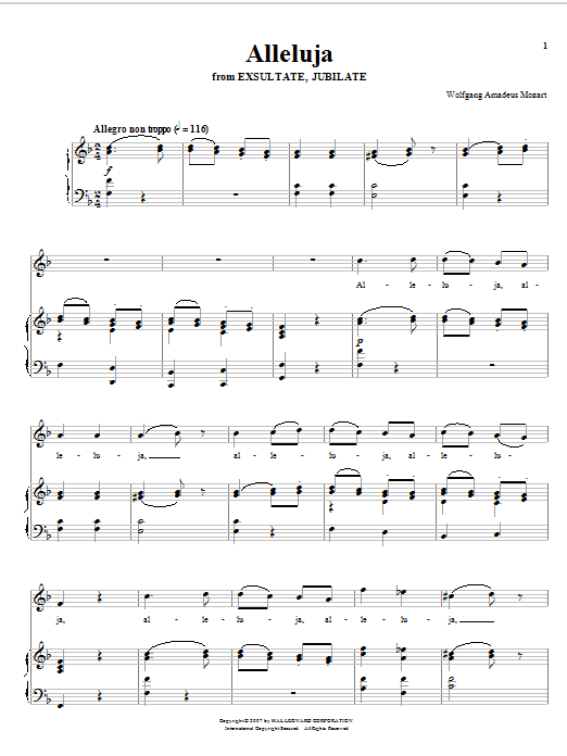 Wolfgang Amadeus Mozart Alleluia sheet music notes and chords arranged for Piano Solo