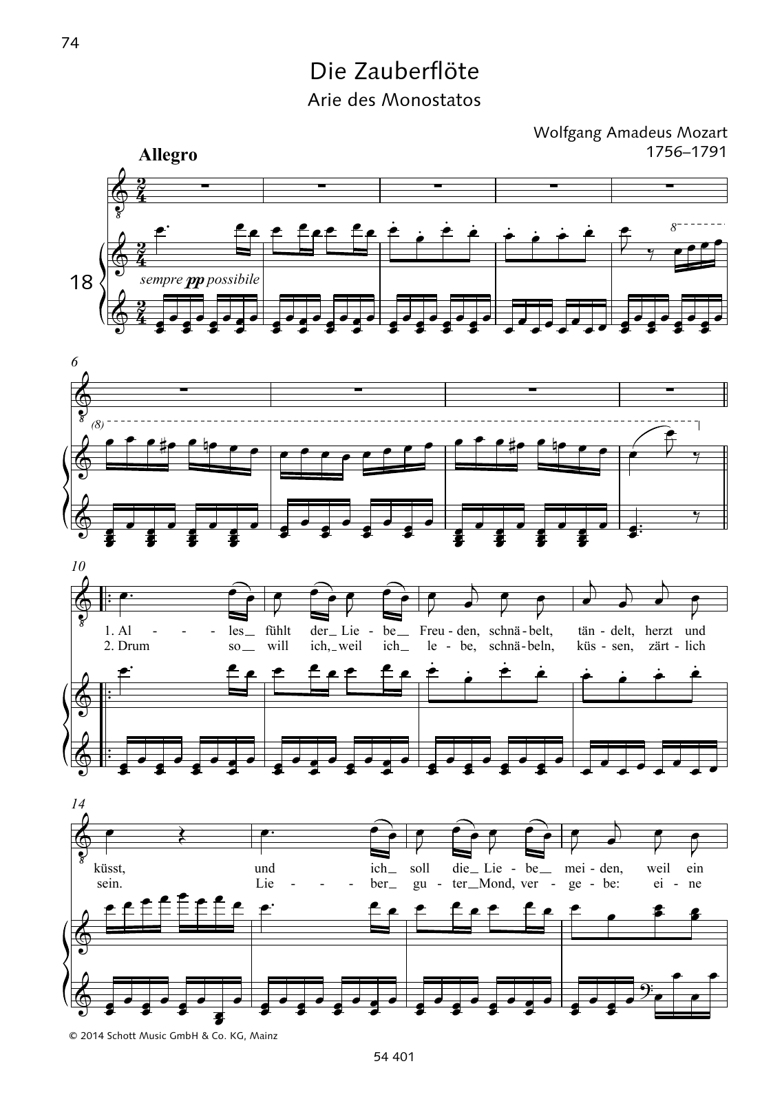 Wolfgang Amadeus Mozart Alles fühlt der Liebe Freuden sheet music notes and chords arranged for Piano & Vocal