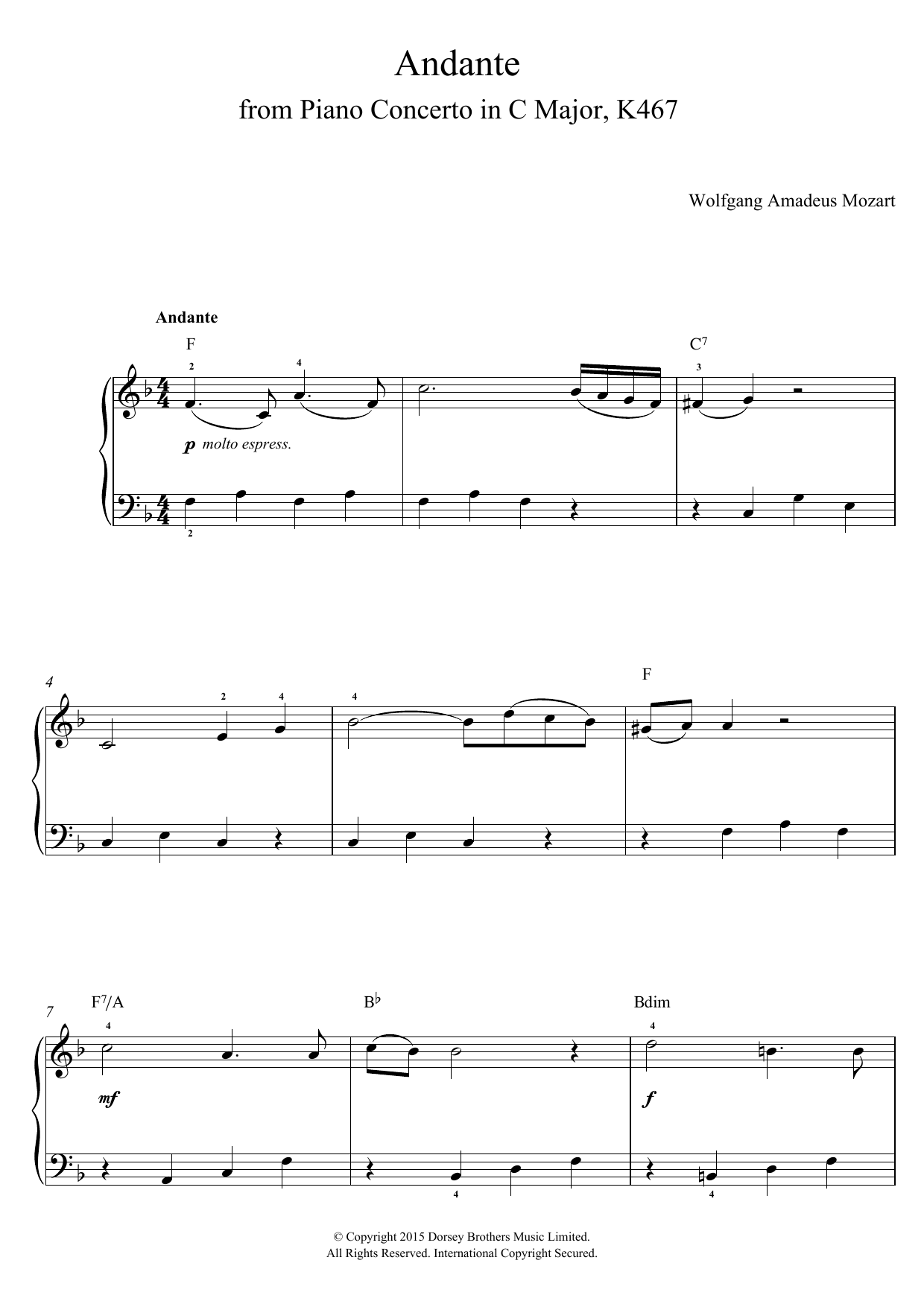 Wolfgang Amadeus Mozart Andante from Piano Concerto in C Major (Elvira Madigan) K467 sheet music notes and chords arranged for Piano, Vocal & Guitar Chords