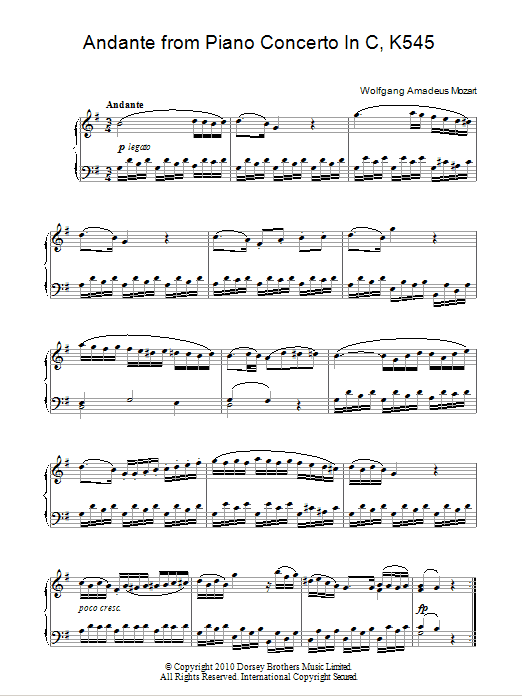 Wolfgang Amadeus Mozart Andante (from Piano Sonata In C, K545) sheet music notes and chords arranged for Piano Solo