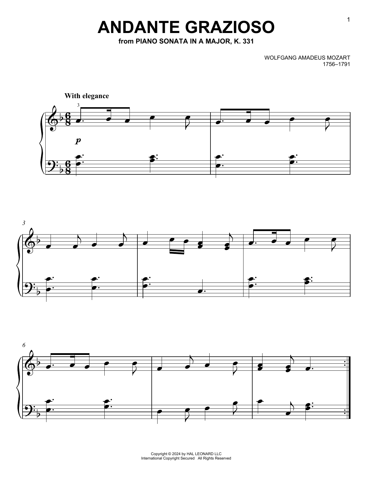 Wolfgang Amadeus Mozart Andante Grazioso, K. 331 (Theme) sheet music notes and chords arranged for Easy Piano