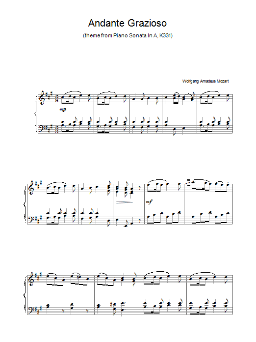 Wolfgang Amadeus Mozart Andante Grazioso (theme from Piano Sonata In A, K331) sheet music notes and chords arranged for Easy Piano