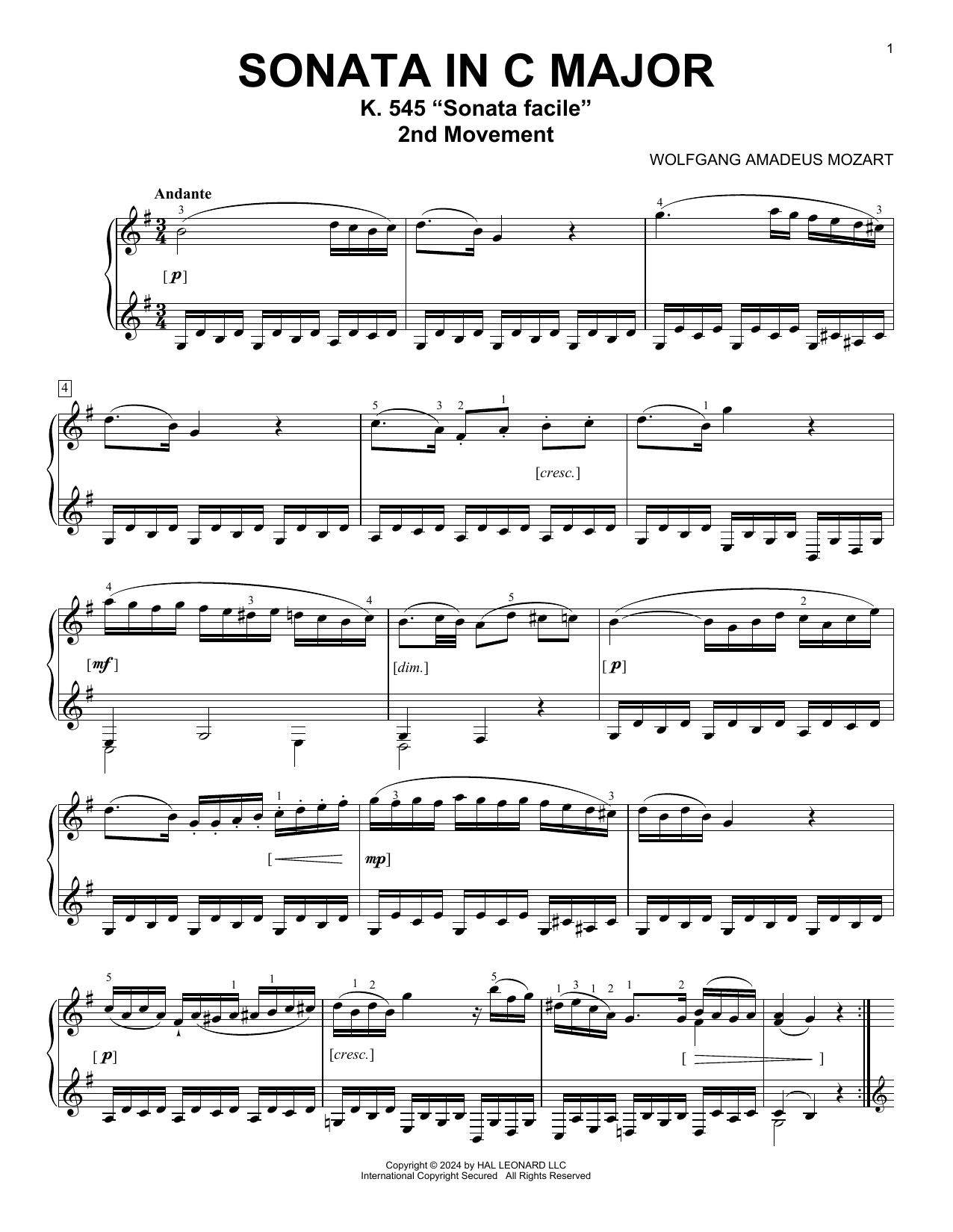 Wolfgang Amadeus Mozart Andante In G Major, K. 545 sheet music notes and chords arranged for Piano Solo