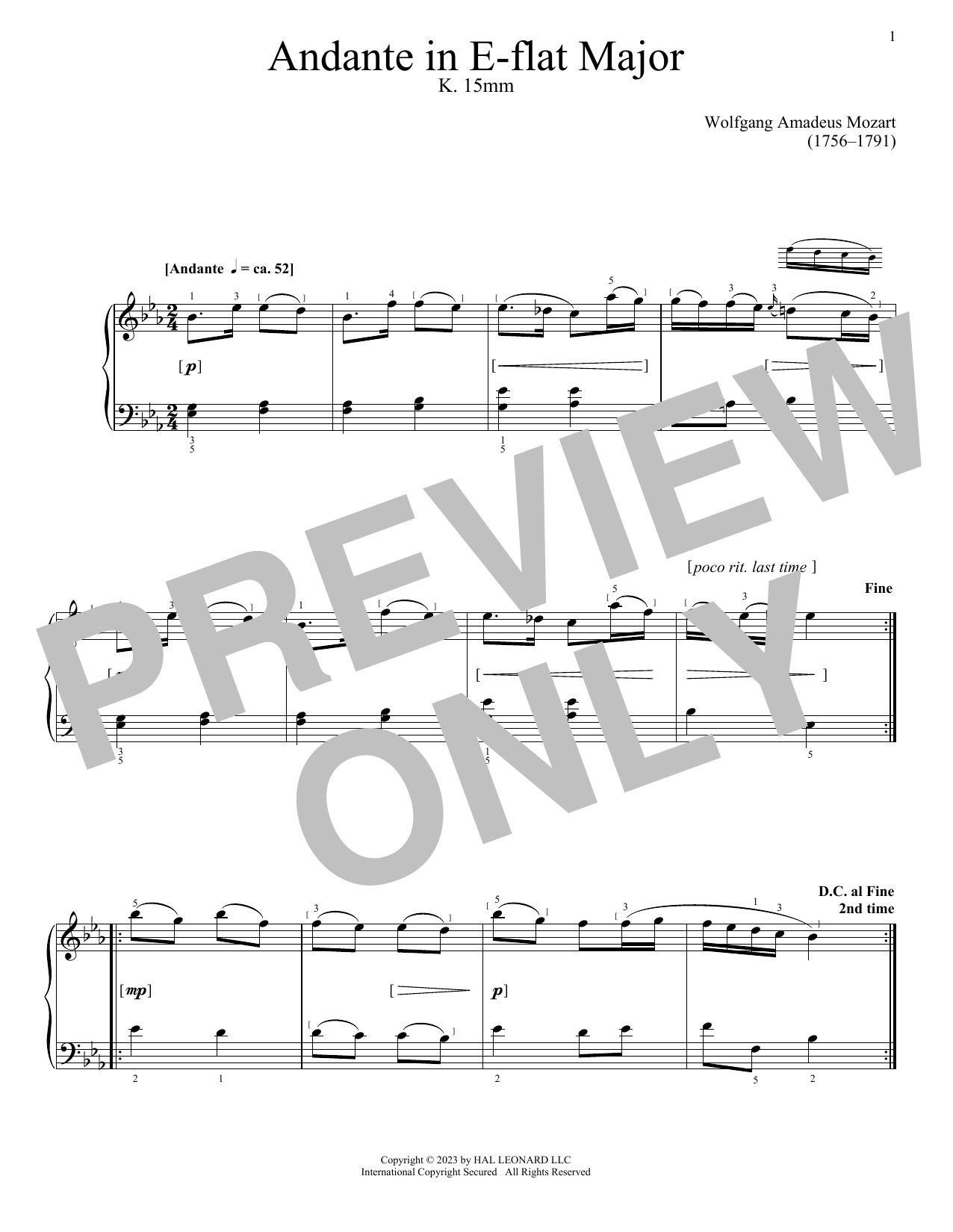 Wolfgang Amadeus Mozart Andante, K. 15mm sheet music notes and chords arranged for Piano Solo
