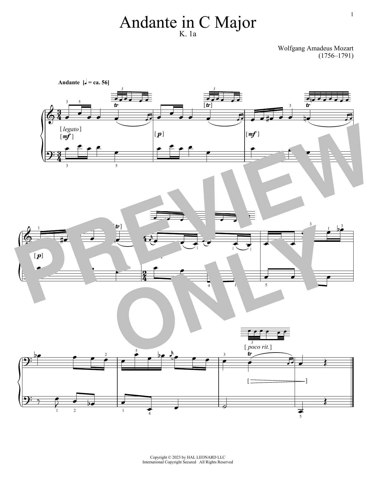 Wolfgang Amadeus Mozart Andante, K. 1A sheet music notes and chords arranged for Piano Solo