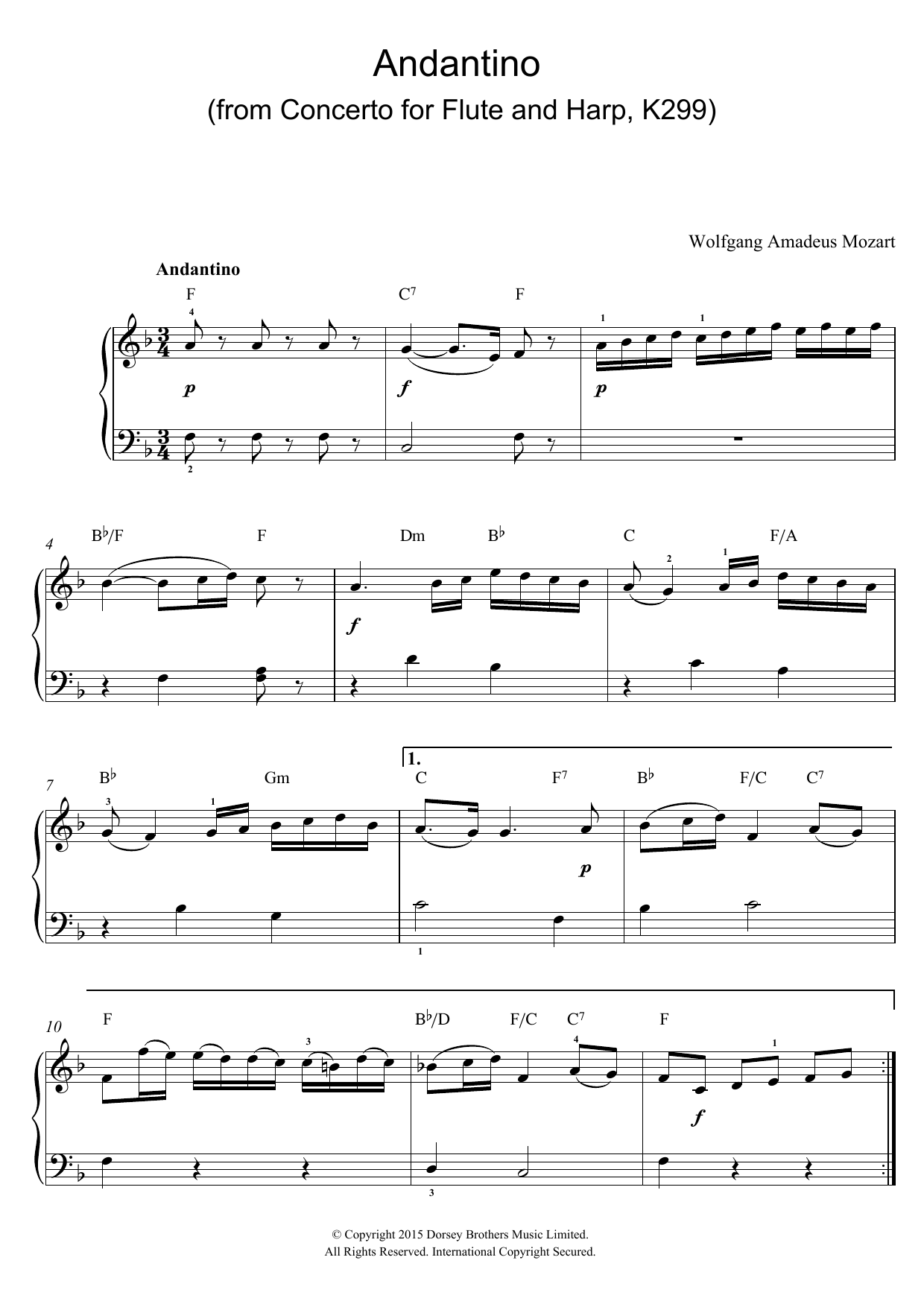 Wolfgang Amadeus Mozart Andantino (from Concerto for Flute and Harp, K299) (excerpt) sheet music notes and chords arranged for Piano Solo