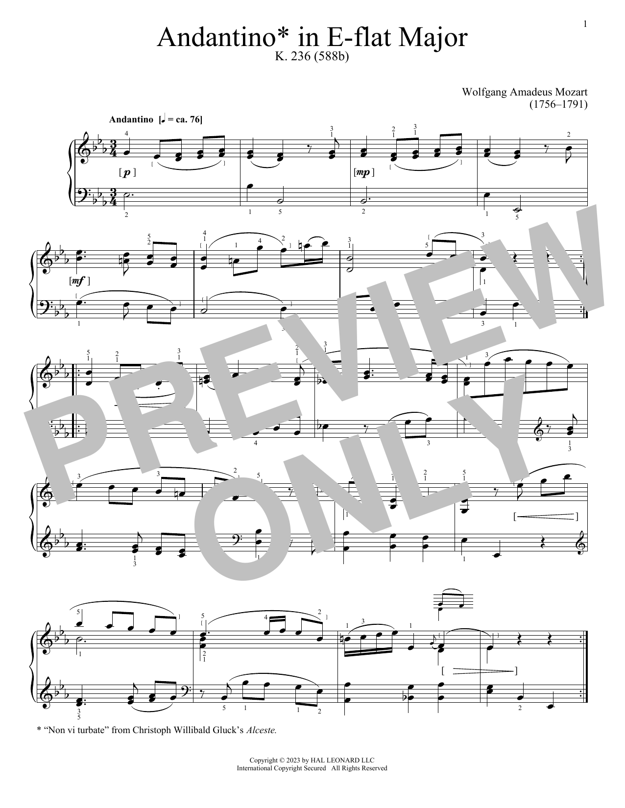 Wolfgang Amadeus Mozart Andantino In E Flat sheet music notes and chords arranged for Piano Solo