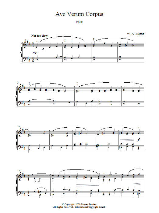 Wolfgang Amadeus Mozart Ave Verum (Jesu, Word Of God Incarnate) sheet music notes and chords arranged for Piano Solo