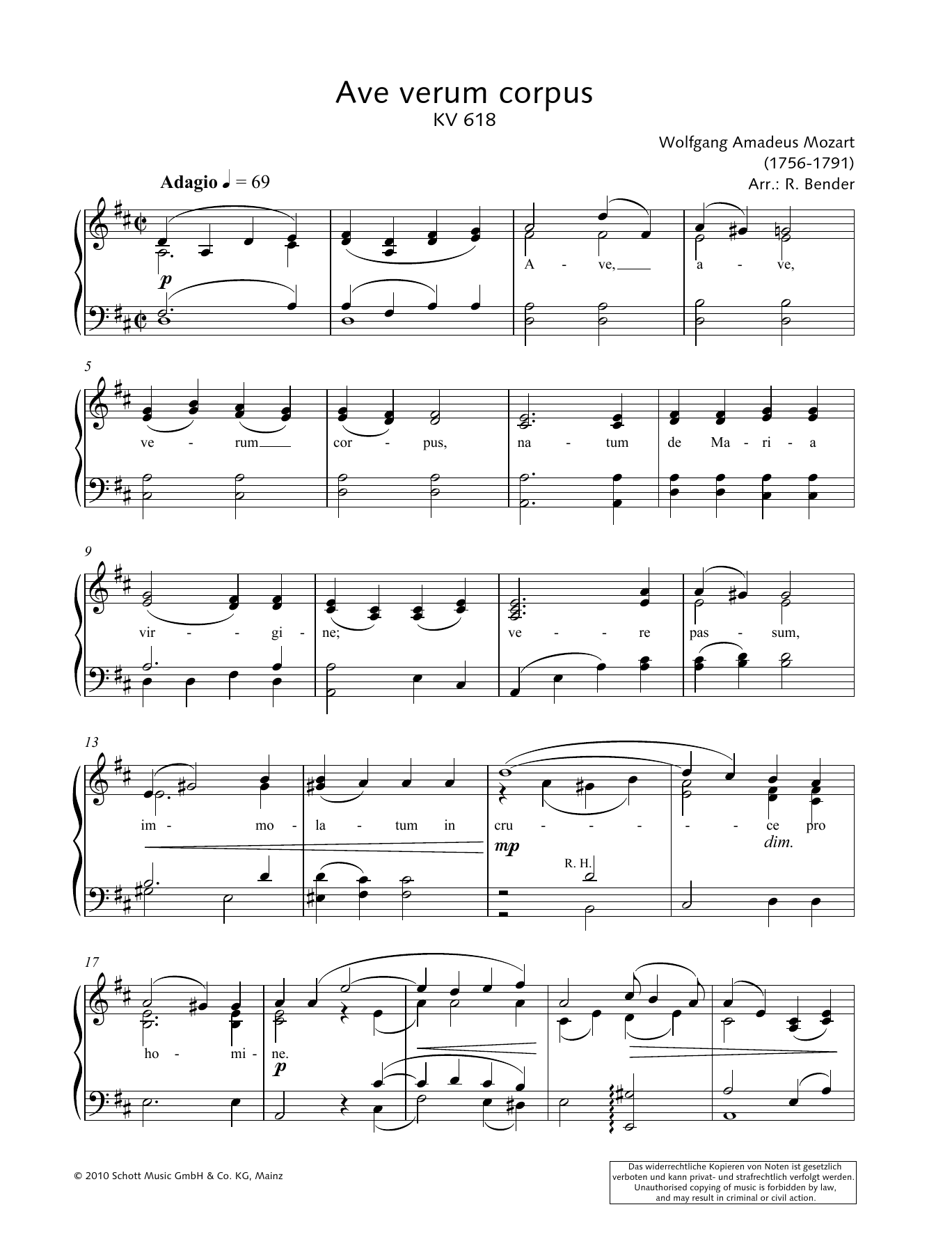 Wolfgang Amadeus Mozart Ave Verum Corpus sheet music notes and chords arranged for Piano Solo