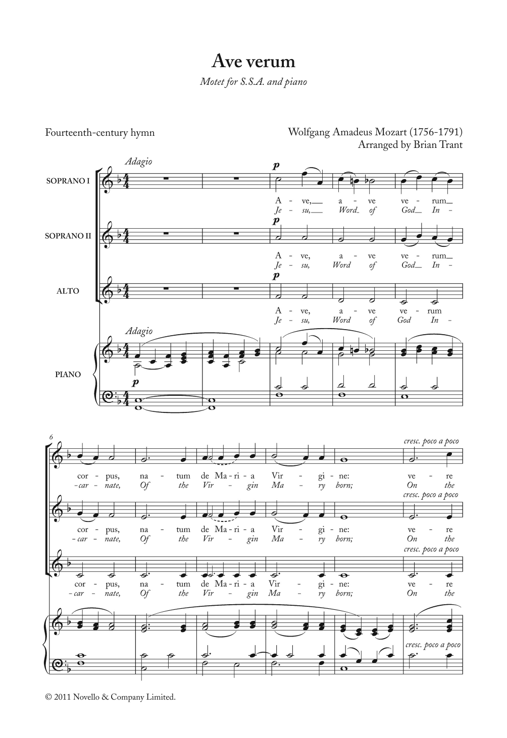 Wolfgang Amadeus Mozart Ave Verum sheet music notes and chords arranged for String Solo