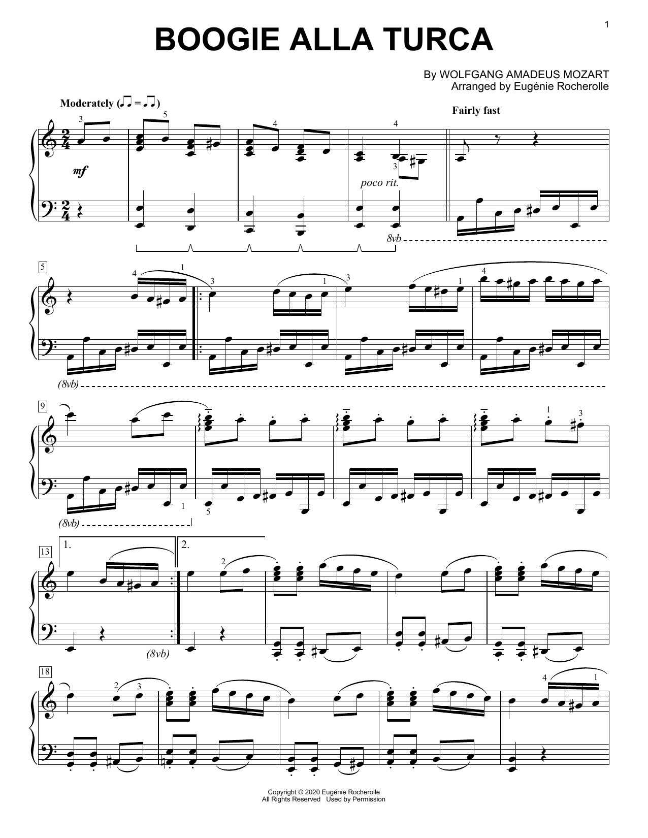 Wolfgang Amadeus Mozart Boogie Alla Turca [Boogie-woogie version] (arr. Eugénie Rocherolle) sheet music notes and chords arranged for Piano Solo