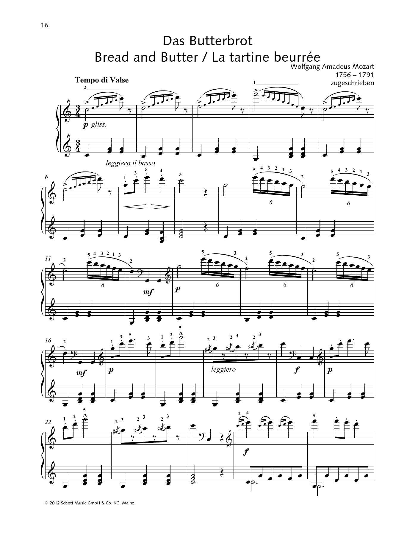 Wolfgang Amadeus Mozart Bread and Butter sheet music notes and chords arranged for Piano Solo