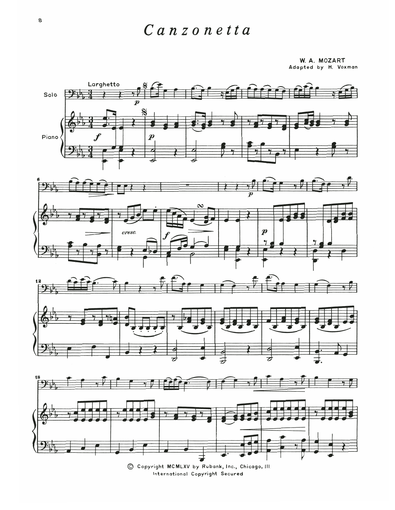 Wolfgang Amadeus Mozart Canzonetta sheet music notes and chords arranged for Trombone and Piano