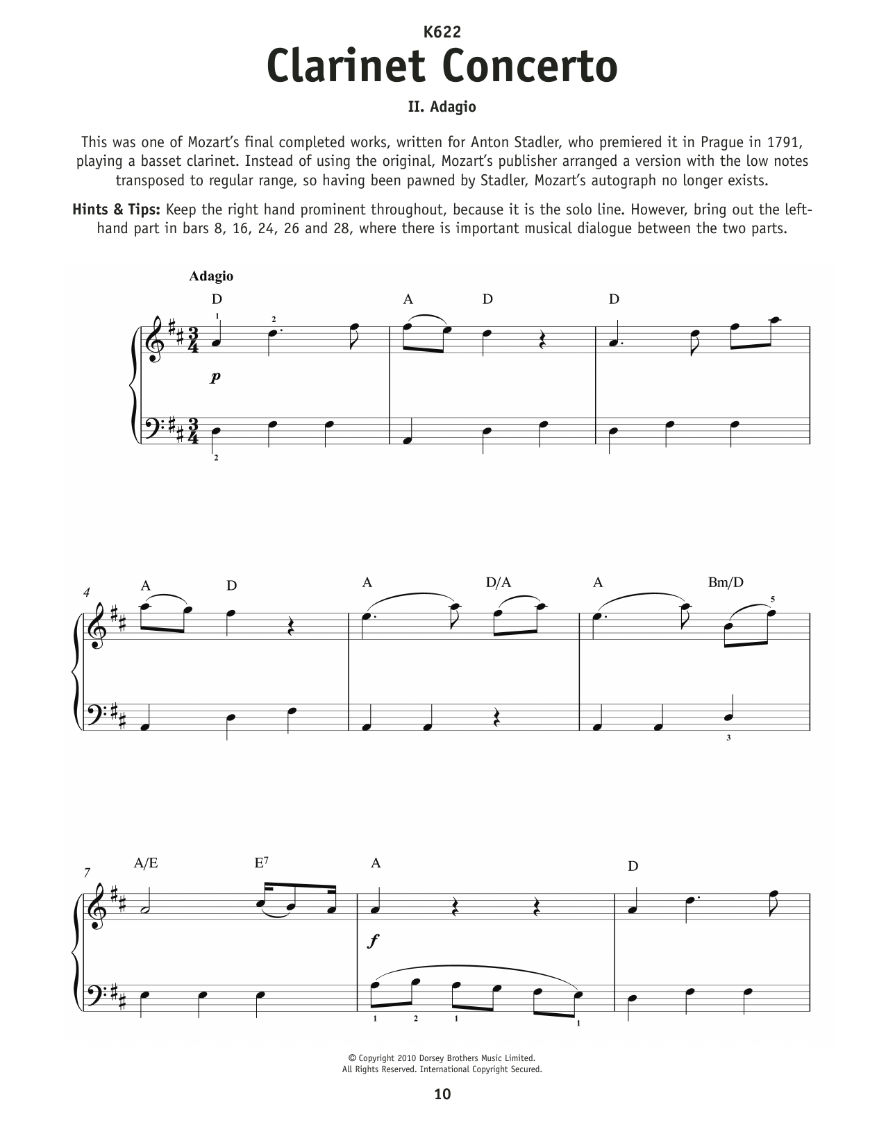 Wolfgang Amadeus Mozart Clarinet Concerto, K. 622, 2nd Mvt. sheet music notes and chords arranged for Really Easy Piano