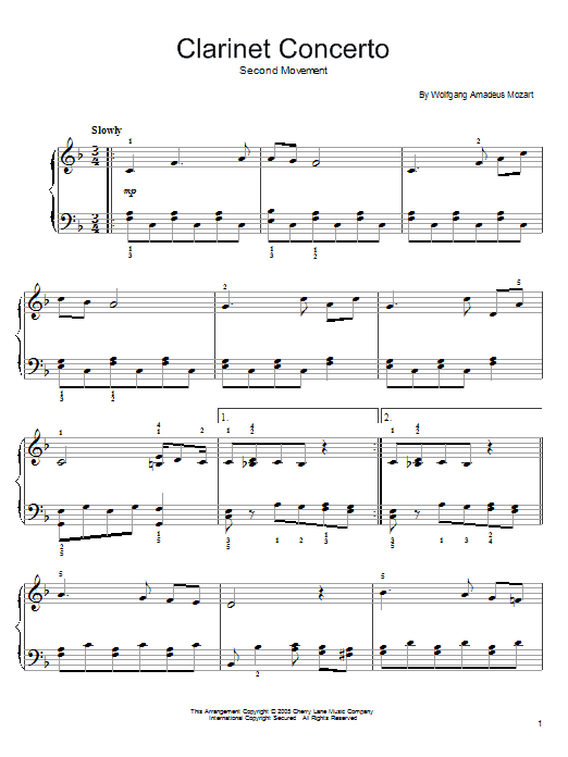 Wolfgang Amadeus Mozart Slow Movement Theme (from Clarinet Concerto K622) sheet music notes and chords arranged for Easy Piano