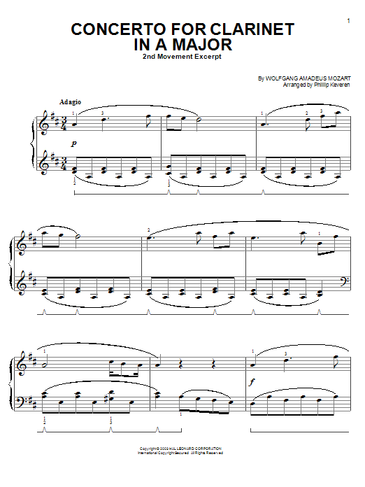 Wolfgang Amadeus Mozart Concerto for Clarinet in A Major, Second Movement Excerpt (from Out of Africa) (arr. Phillip Keveren sheet music notes and chords arranged for Easy Piano