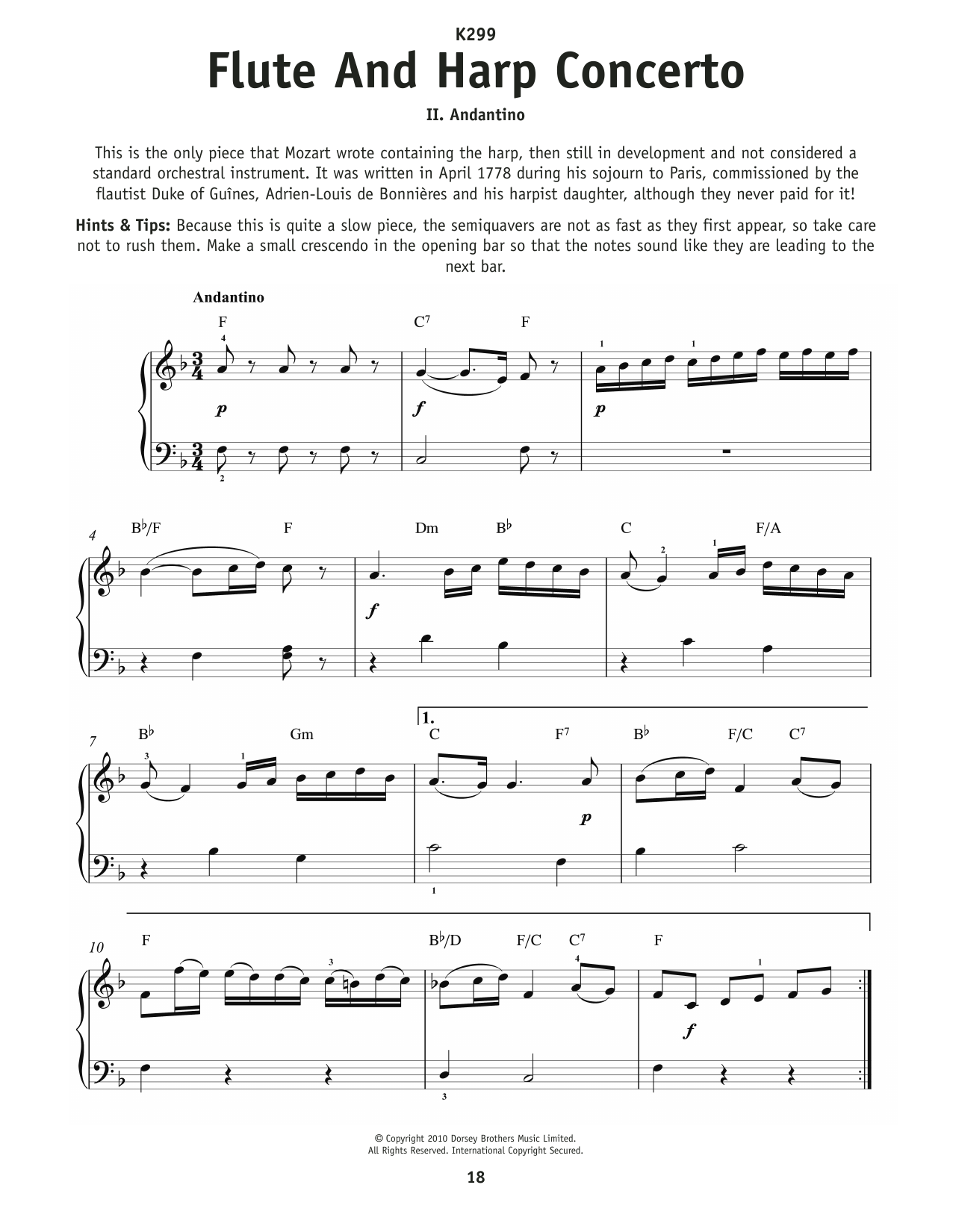 Wolfgang Amadeus Mozart Concerto For Flute And Harp, K. 299, 2nd Movement sheet music notes and chords arranged for Really Easy Piano