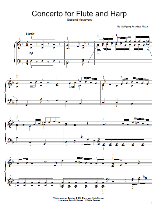 Wolfgang Amadeus Mozart Andantino (from Concerto for Flute and Harp, K299) sheet music notes and chords arranged for Easy Piano