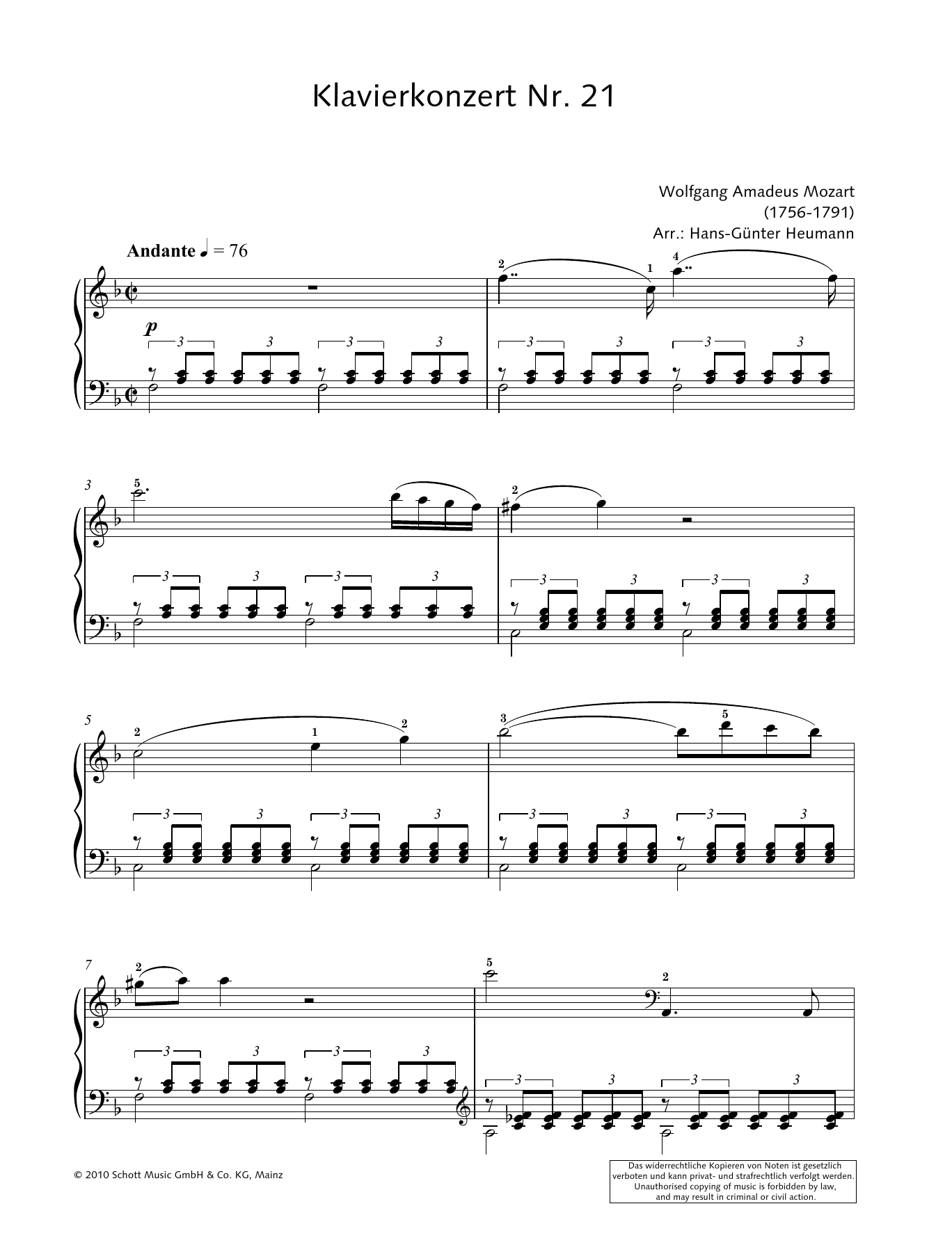 Wolfgang Amadeus Mozart Concerto for Piano and Orchestra No. 21 in C major sheet music notes and chords arranged for Piano Solo