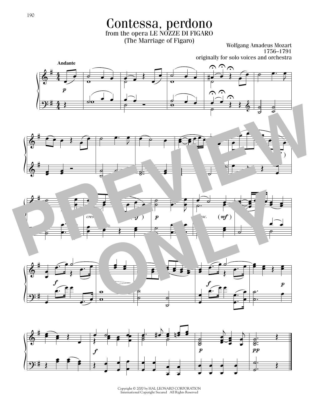 Wolfgang Amadeus Mozart Contessa Perdono sheet music notes and chords arranged for Piano Solo