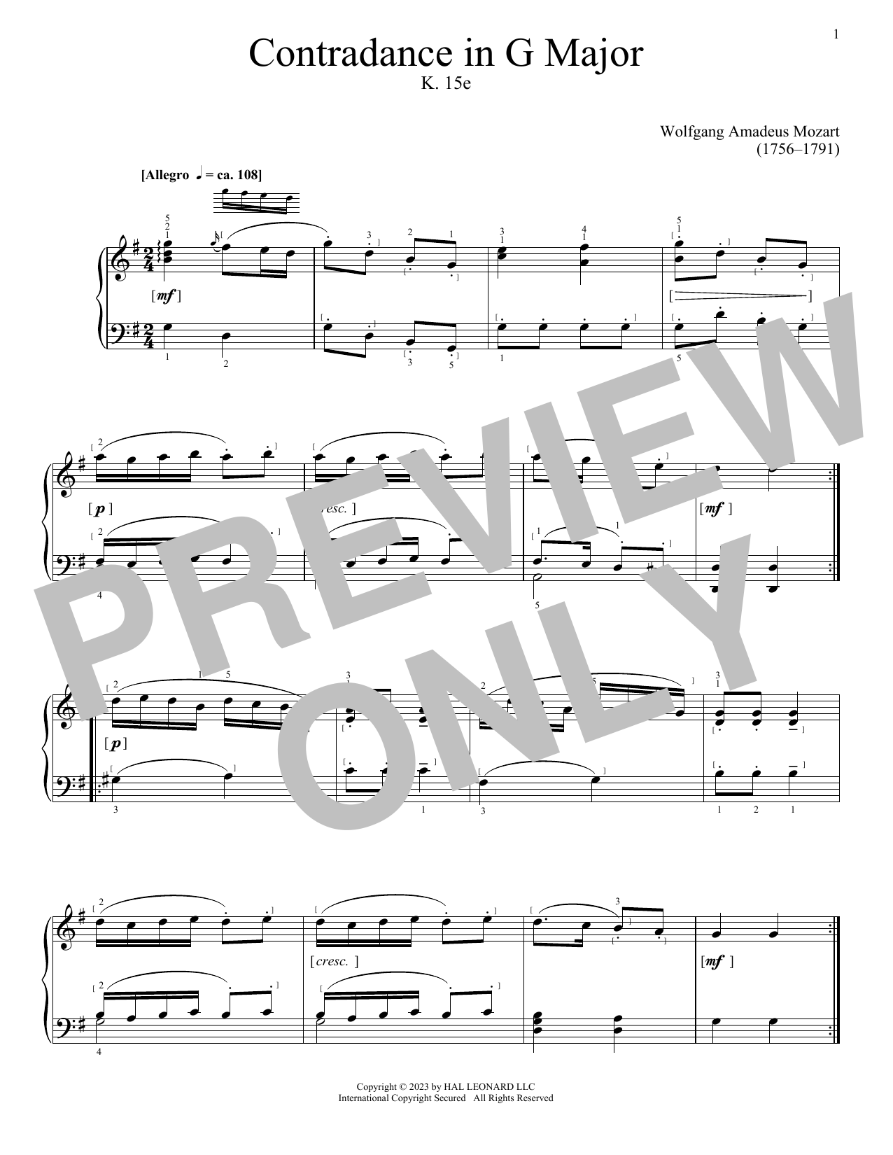 Wolfgang Amadeus Mozart Contradance In G Major, K. 15e sheet music notes and chords arranged for Piano Solo